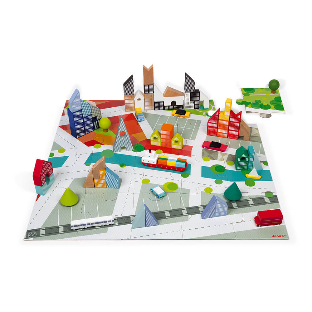 JANOD - KUBIX 60 blocchi + Puzzle in legno - Città in legno
