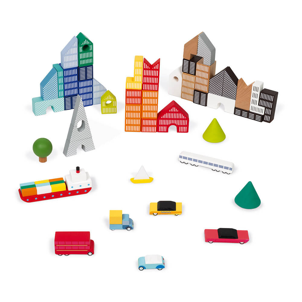 JANOD - KUBIX 60 blocchi + Puzzle in legno - Città in legno