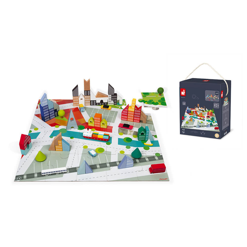 JANOD - KUBIX 60 blocchi + Puzzle in legno - Città in legno