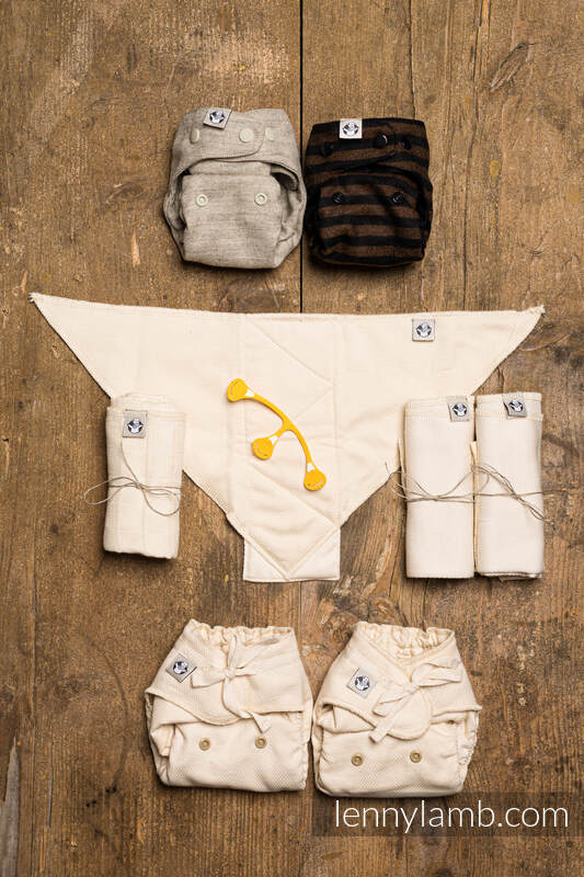Lenny lamb - set di pannolini lavabili- Herringbone Natural & Brown & Black Stripes  NB- New Born